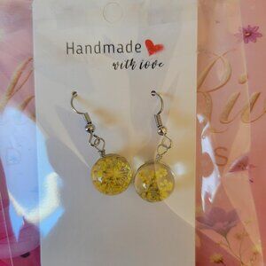 Silver Plated Real Dried Golden Flower Resin Earrings - Round